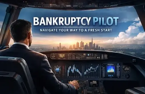 Man in pilot's seat navigating towards a city skyline, with 'BANKRUPTCY PILOT' and tagline 'NAVIGATE YOUR WAY TO A FRESH START,' representing bankruptcy assessment services and legal connections.